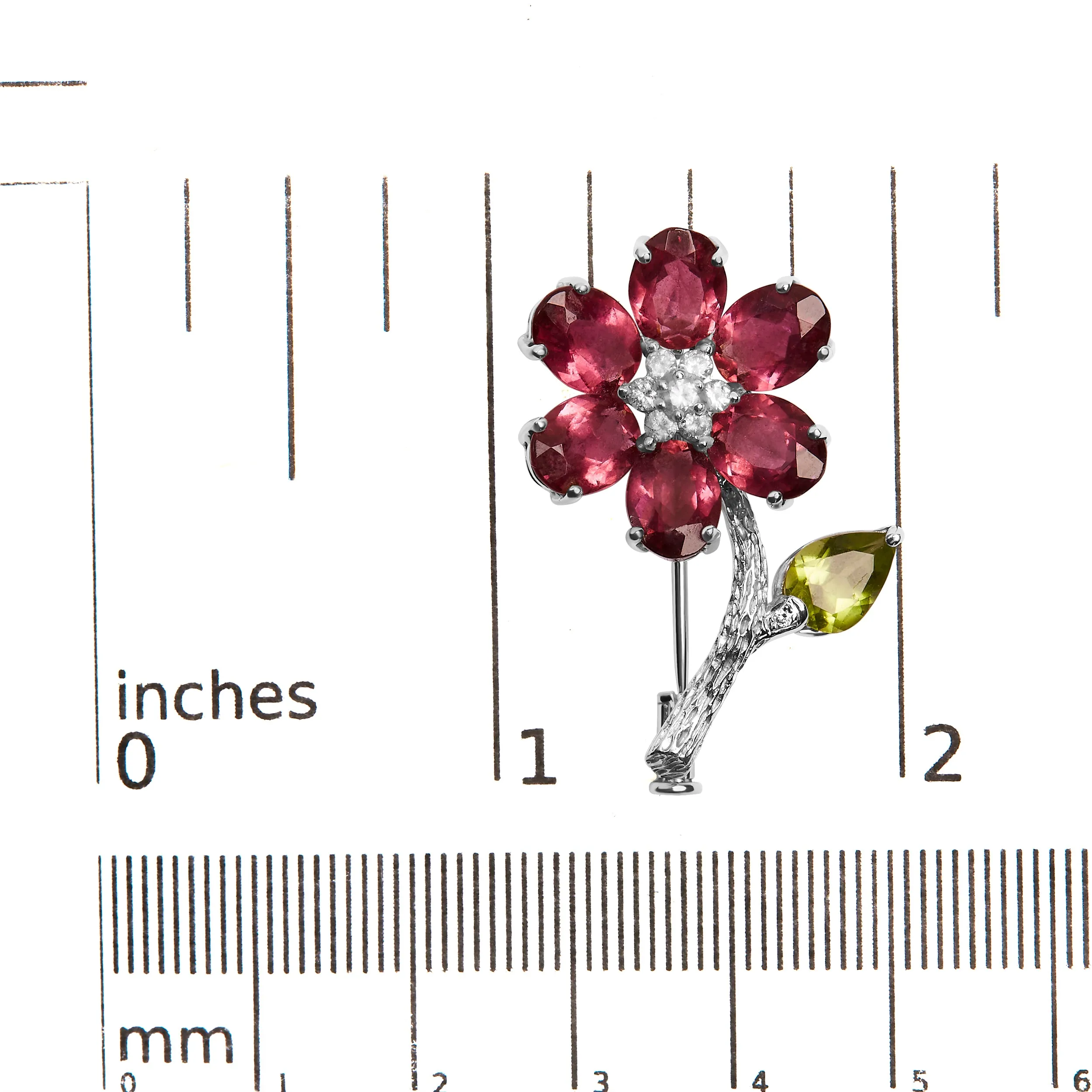 18K White Gold 1/3 Cttw Diamond, Pink Tourmaline, and Green Peridot Flower and Leaf Tulip Brooch Pin