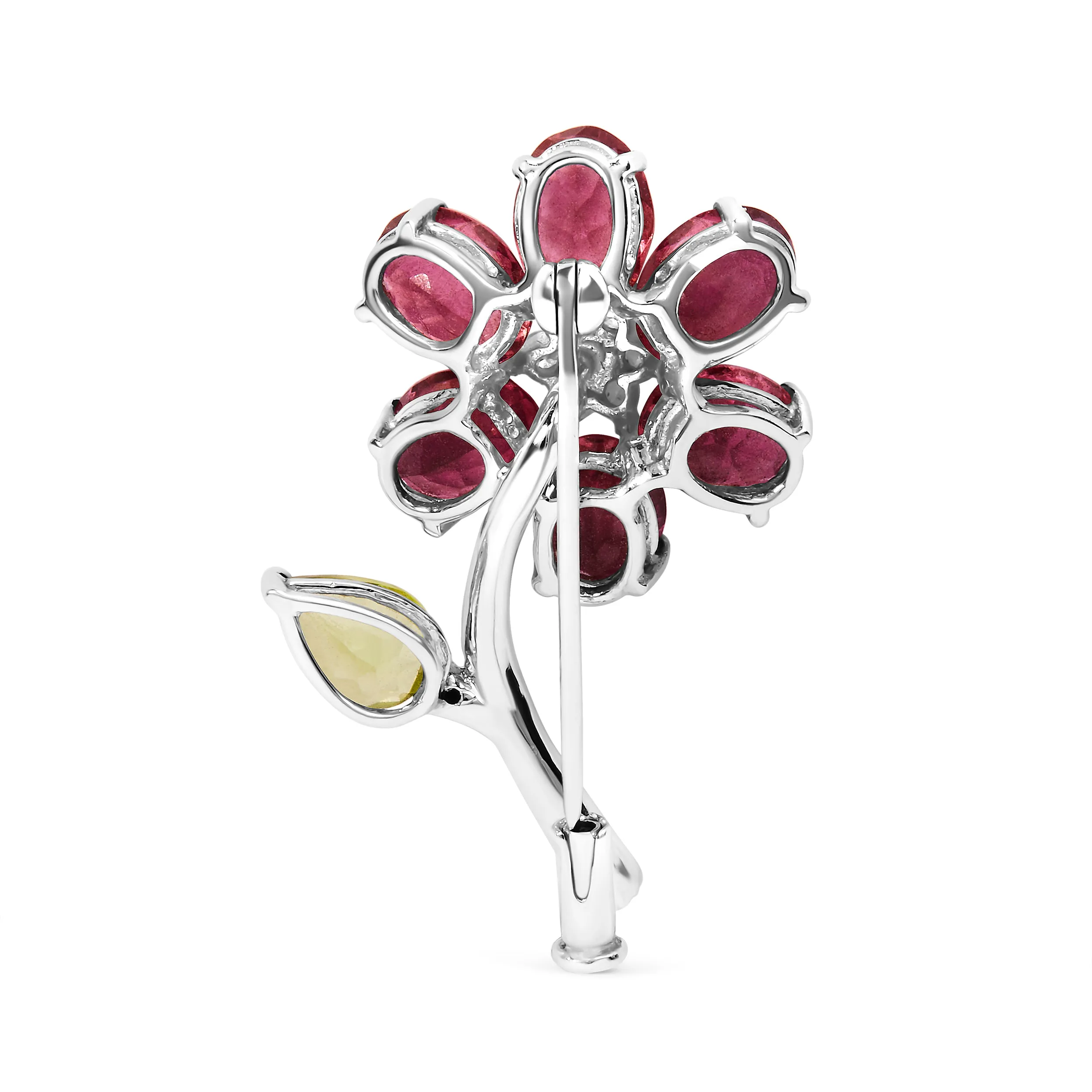 18K White Gold 1/3 Cttw Diamond, Pink Tourmaline, and Green Peridot Flower and Leaf Tulip Brooch Pin