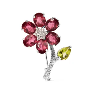 18K White Gold 1/3 Cttw Diamond, Pink Tourmaline, and Green Peridot Flower and Leaf Tulip Brooch Pin
