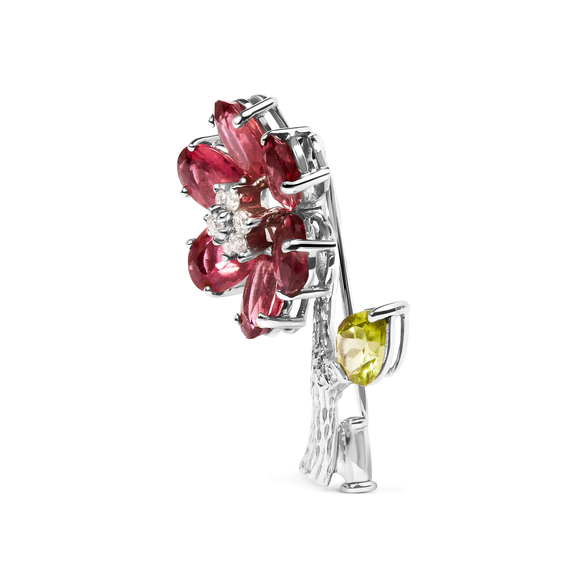 18K White Gold 1/3 Cttw Diamond, Pink Tourmaline, and Green Peridot Flower and Leaf Tulip Brooch Pin
