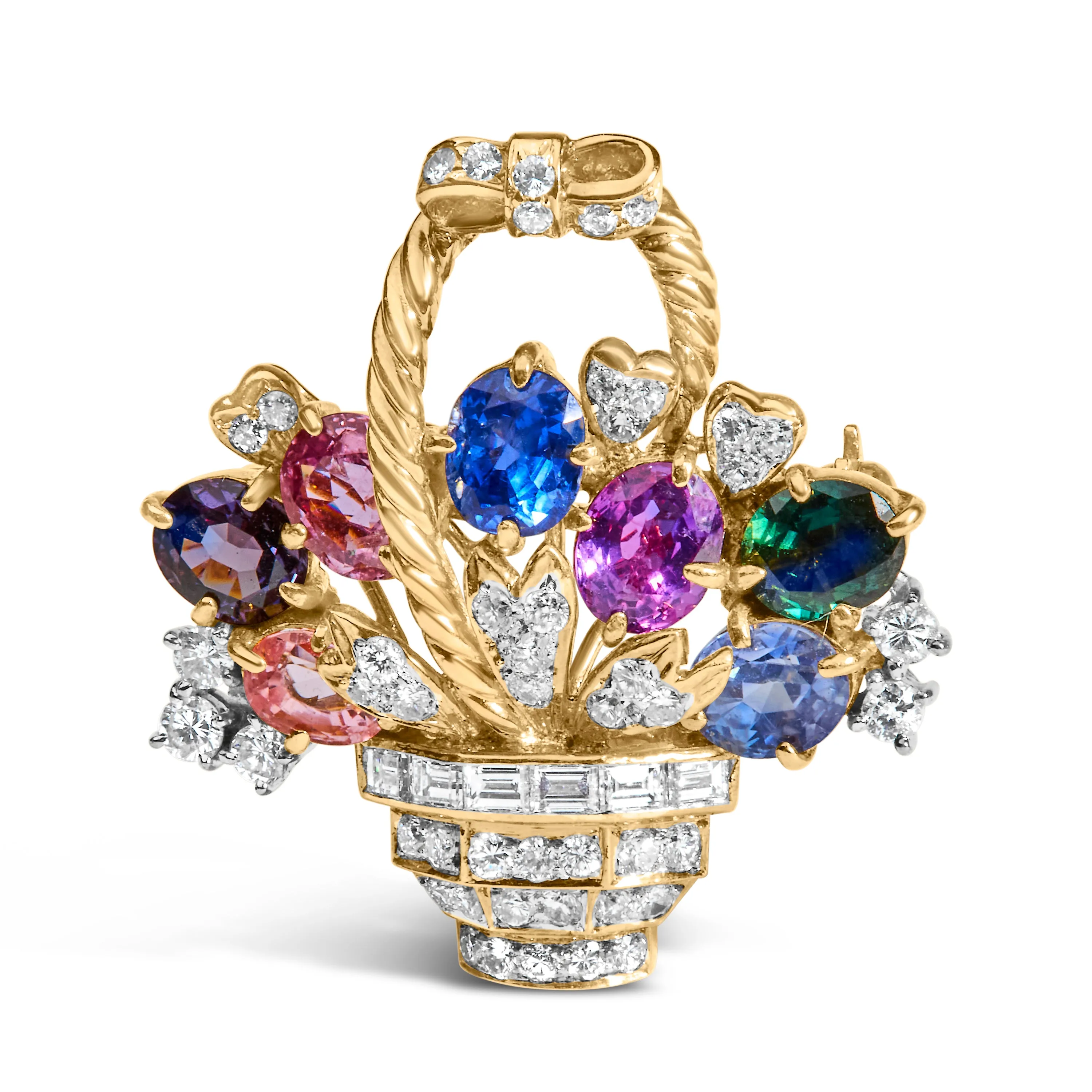 18K Yellow Gold 1 1/10 Cttw Diamond and Mixed Gemstone Floral Bouquet Pendant and Brooch Pin