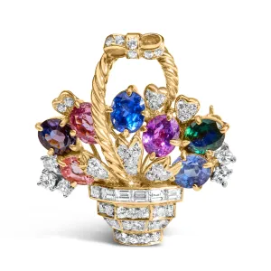 18K Yellow Gold 1 1/10 Cttw Diamond and Mixed Gemstone Floral Bouquet Pendant and Brooch Pin