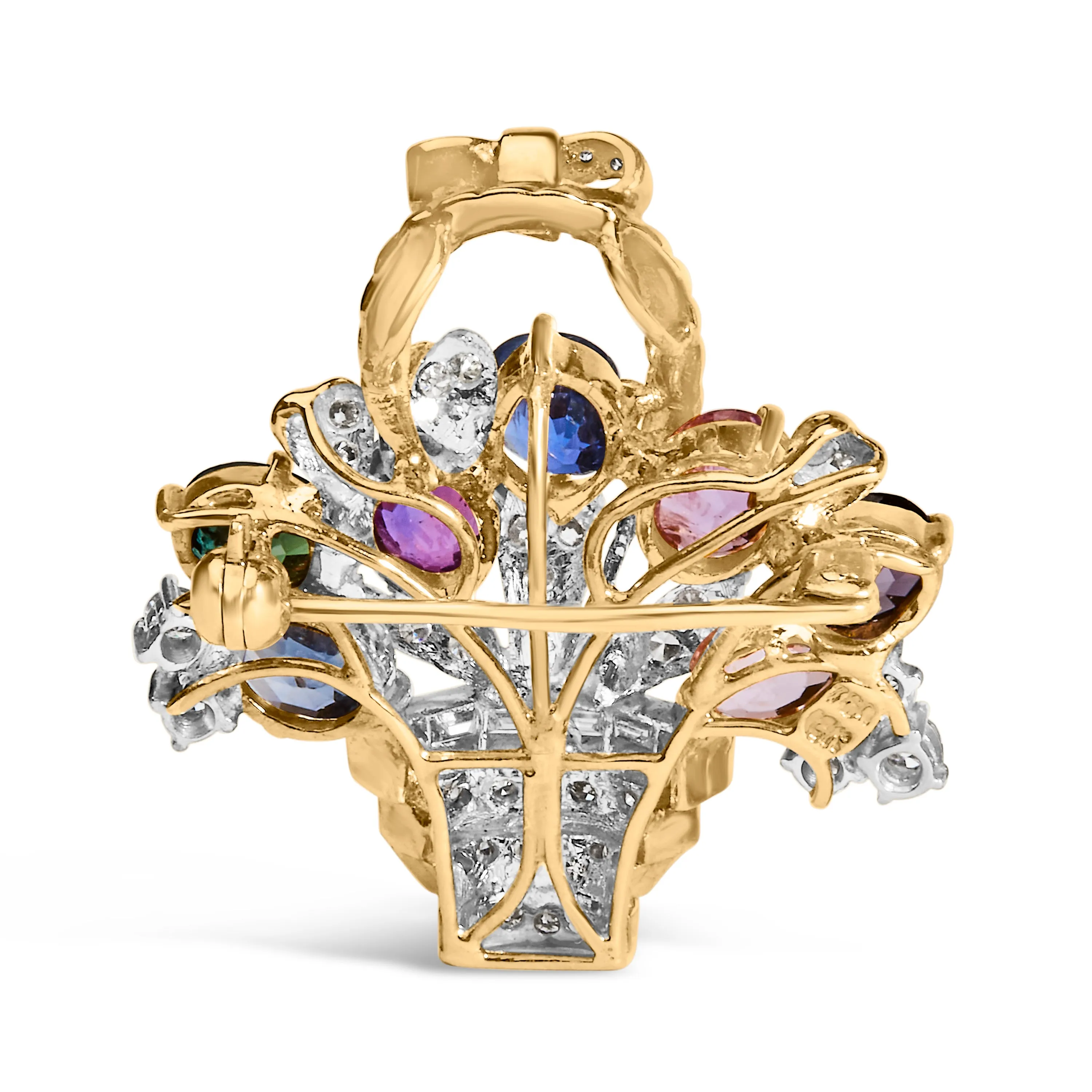 18K Yellow Gold 1 1/10 Cttw Diamond and Mixed Gemstone Floral Bouquet Pendant and Brooch Pin