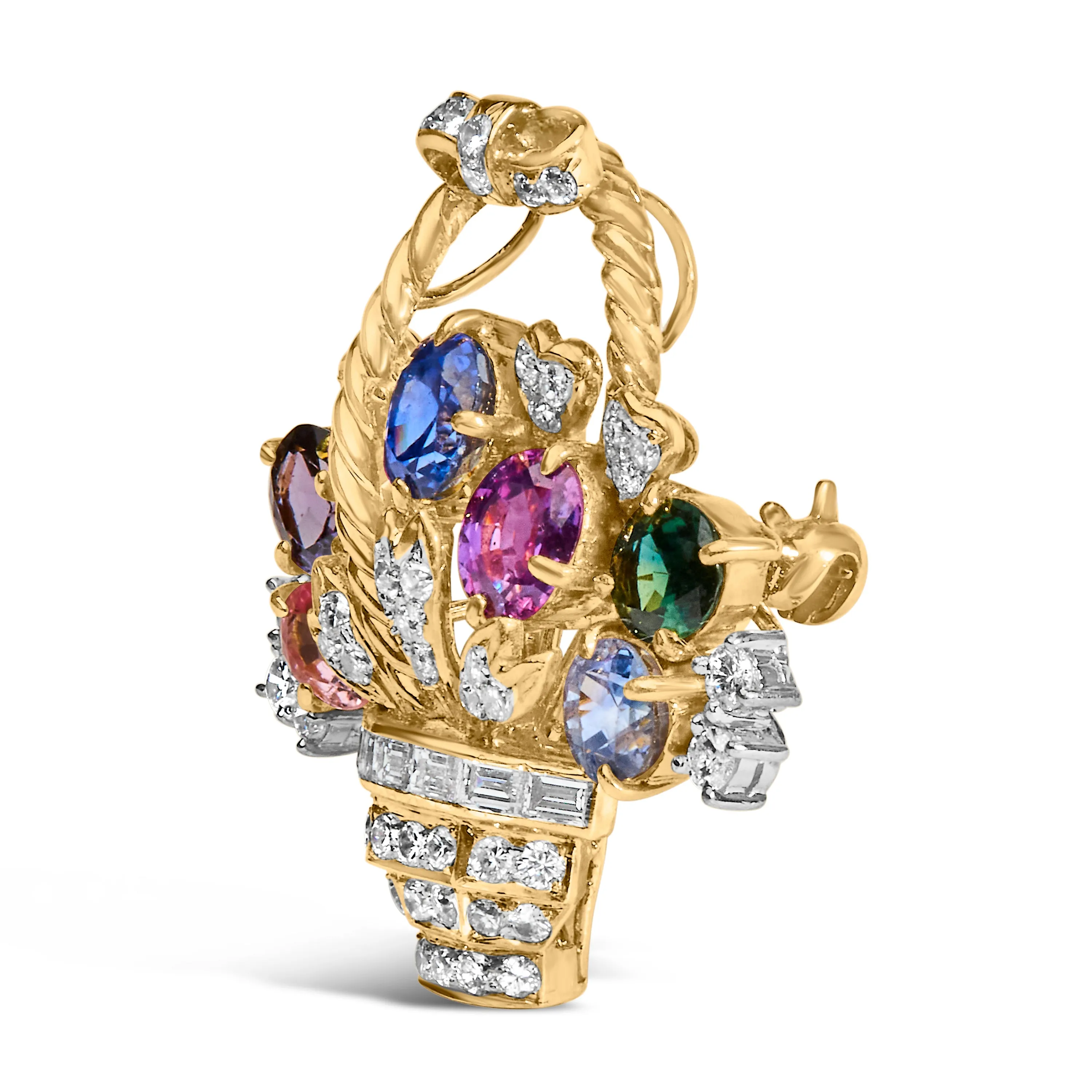 18K Yellow Gold 1 1/10 Cttw Diamond and Mixed Gemstone Floral Bouquet Pendant and Brooch Pin