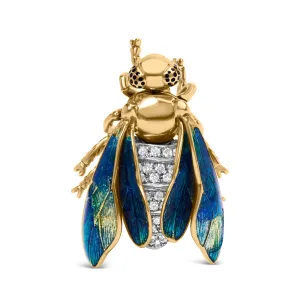 18K Yellow Gold 1/2 Cttw Pave Set Diamond and Blue-Green Enamel Bumblebee Brooch Pin