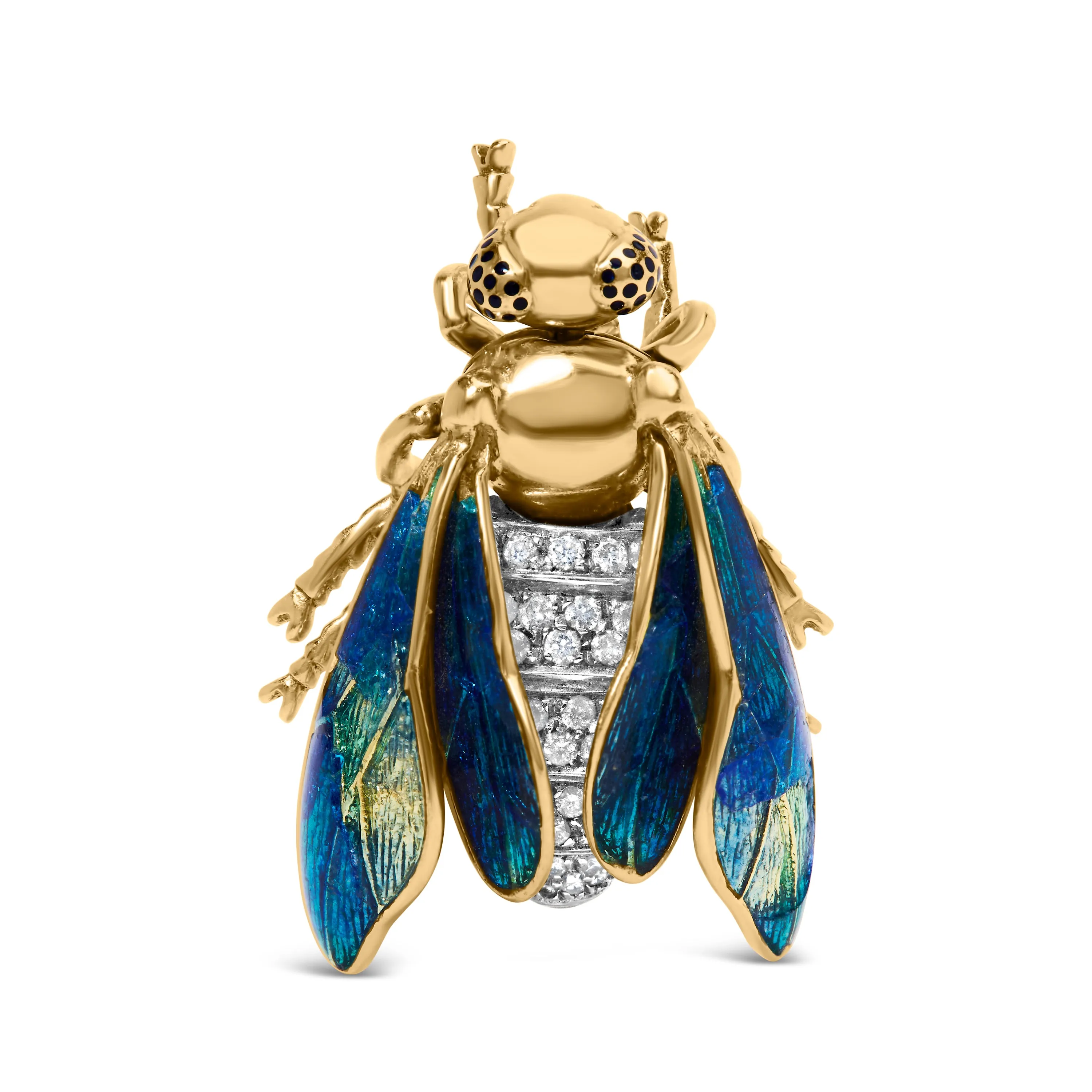 18K Yellow Gold 1/2 Cttw Pave Set Diamond and Blue-Green Enamel Bumblebee Brooch Pin