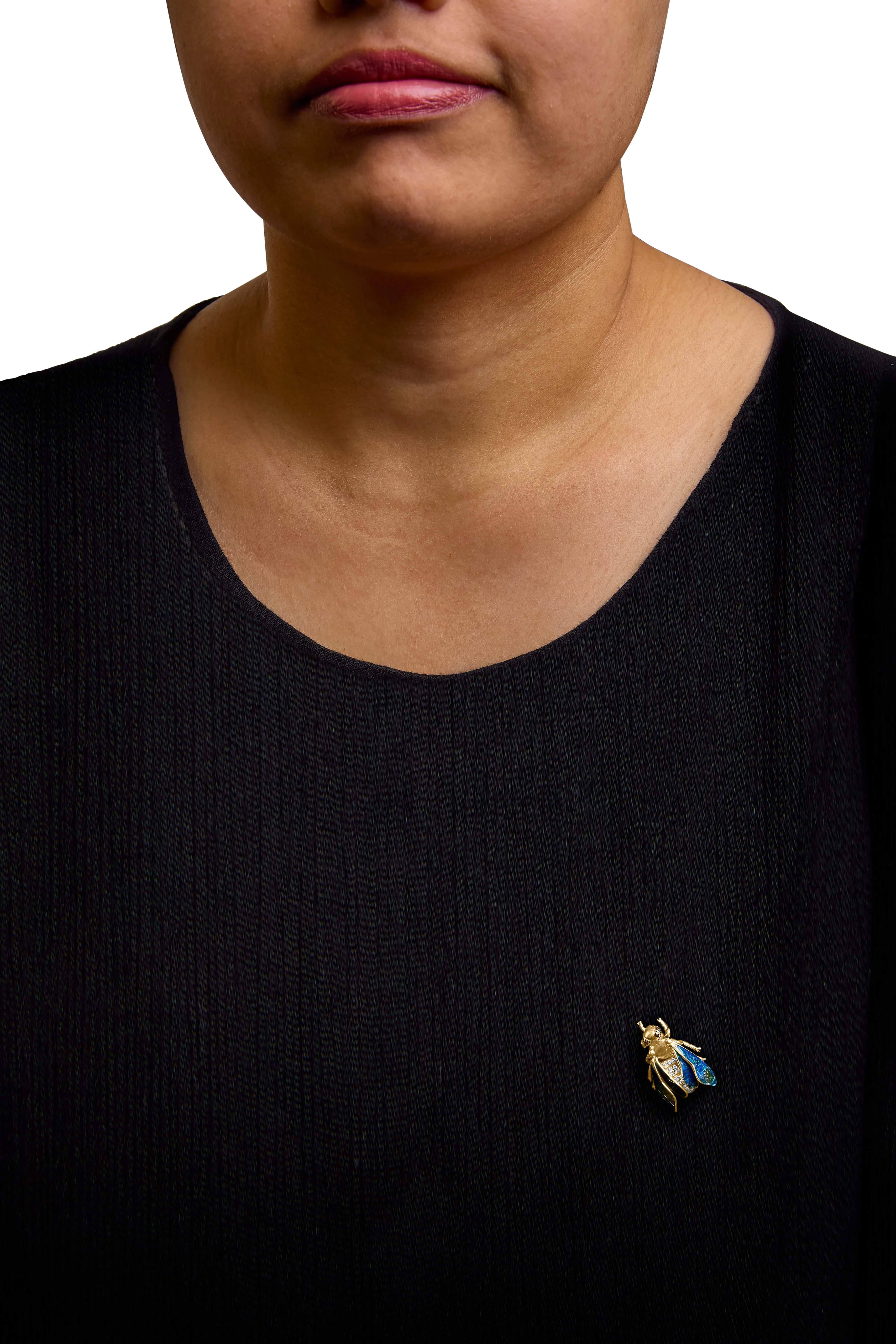18K Yellow Gold 1/2 Cttw Pave Set Diamond and Blue-Green Enamel Bumblebee Brooch Pin