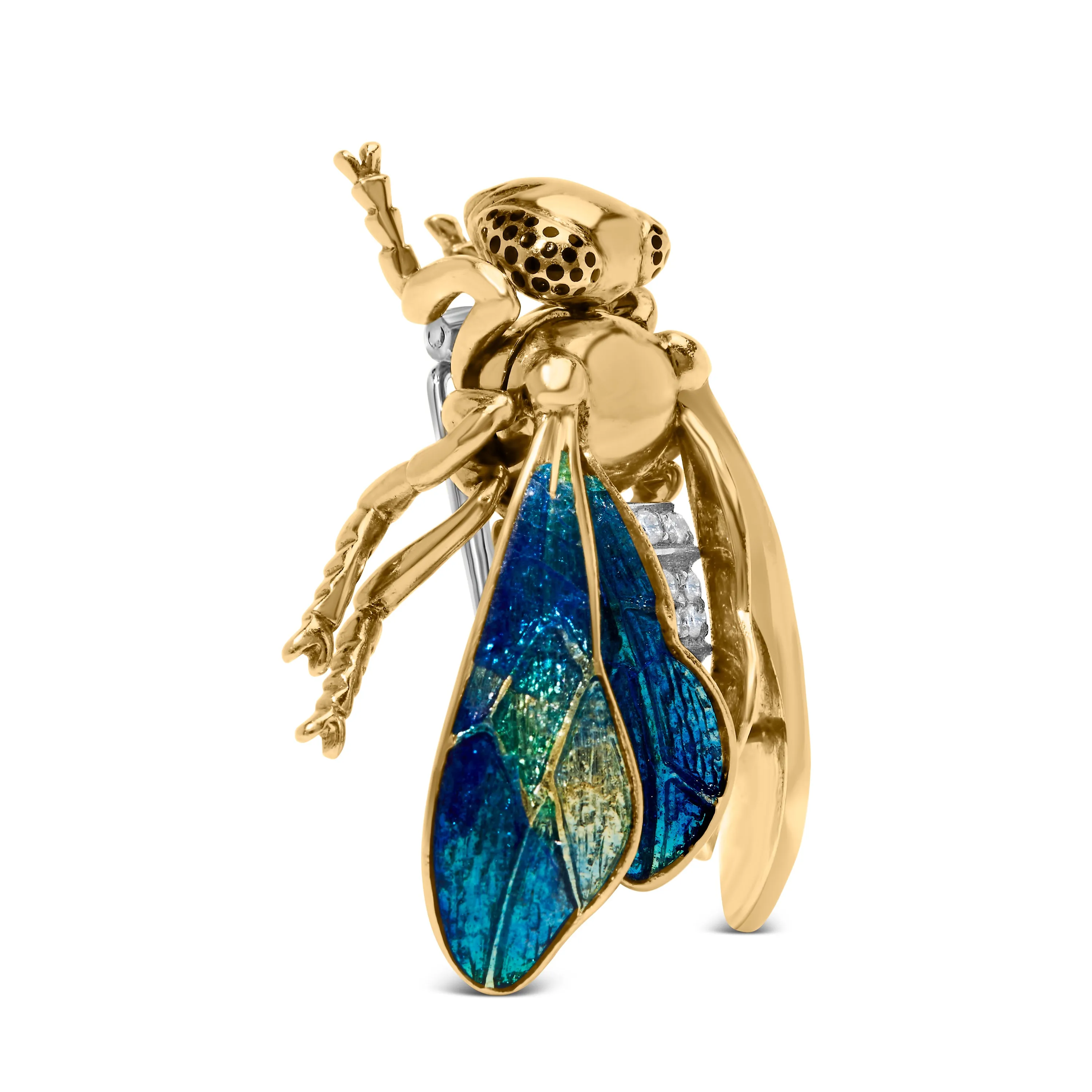 18K Yellow Gold 1/2 Cttw Pave Set Diamond and Blue-Green Enamel Bumblebee Brooch Pin
