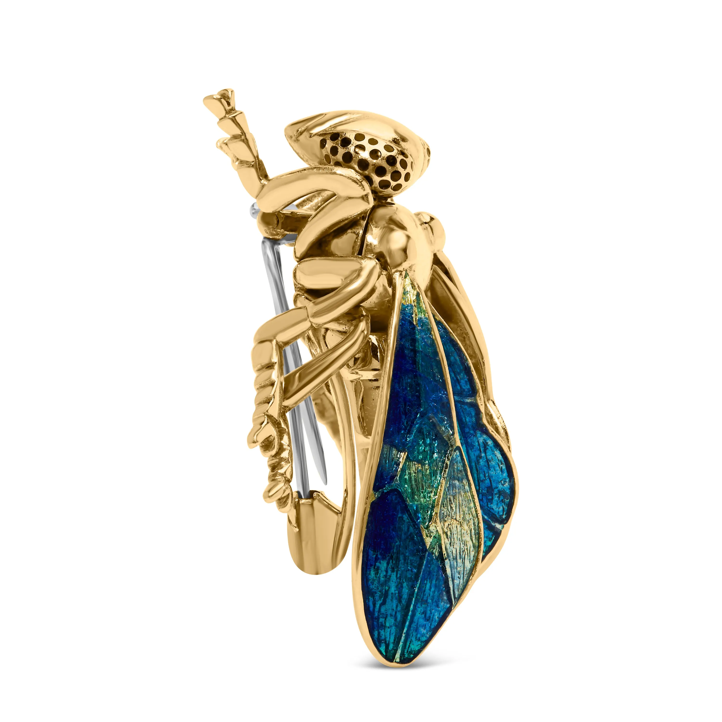 18K Yellow Gold 1/2 Cttw Pave Set Diamond and Blue-Green Enamel Bumblebee Brooch Pin
