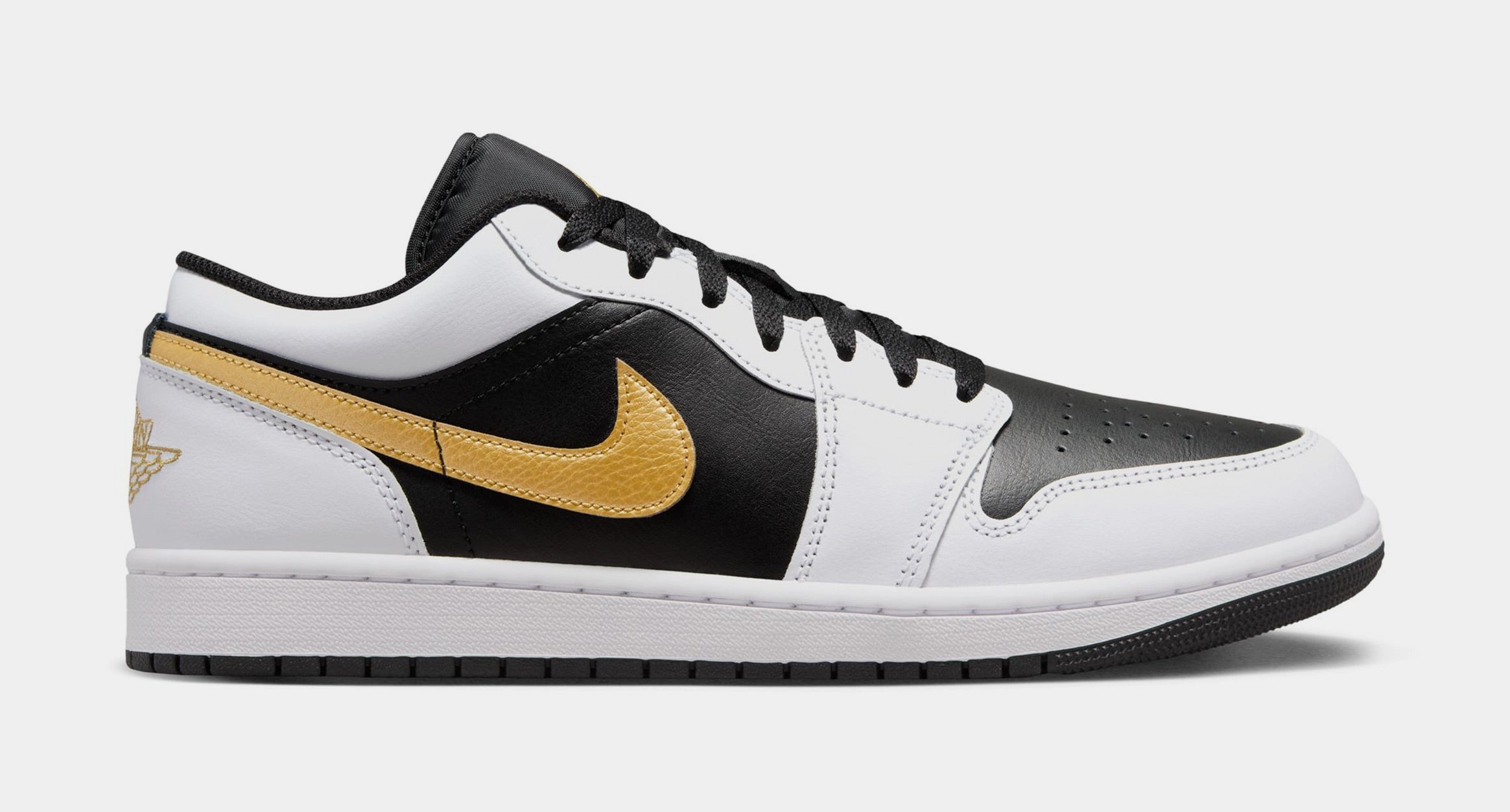 Air Jordan 1 Low Gold Swoosh Mens Lifestyle Shoes (White/Black/Gold) Air Jordan 1 classic shoes for streetwear looks