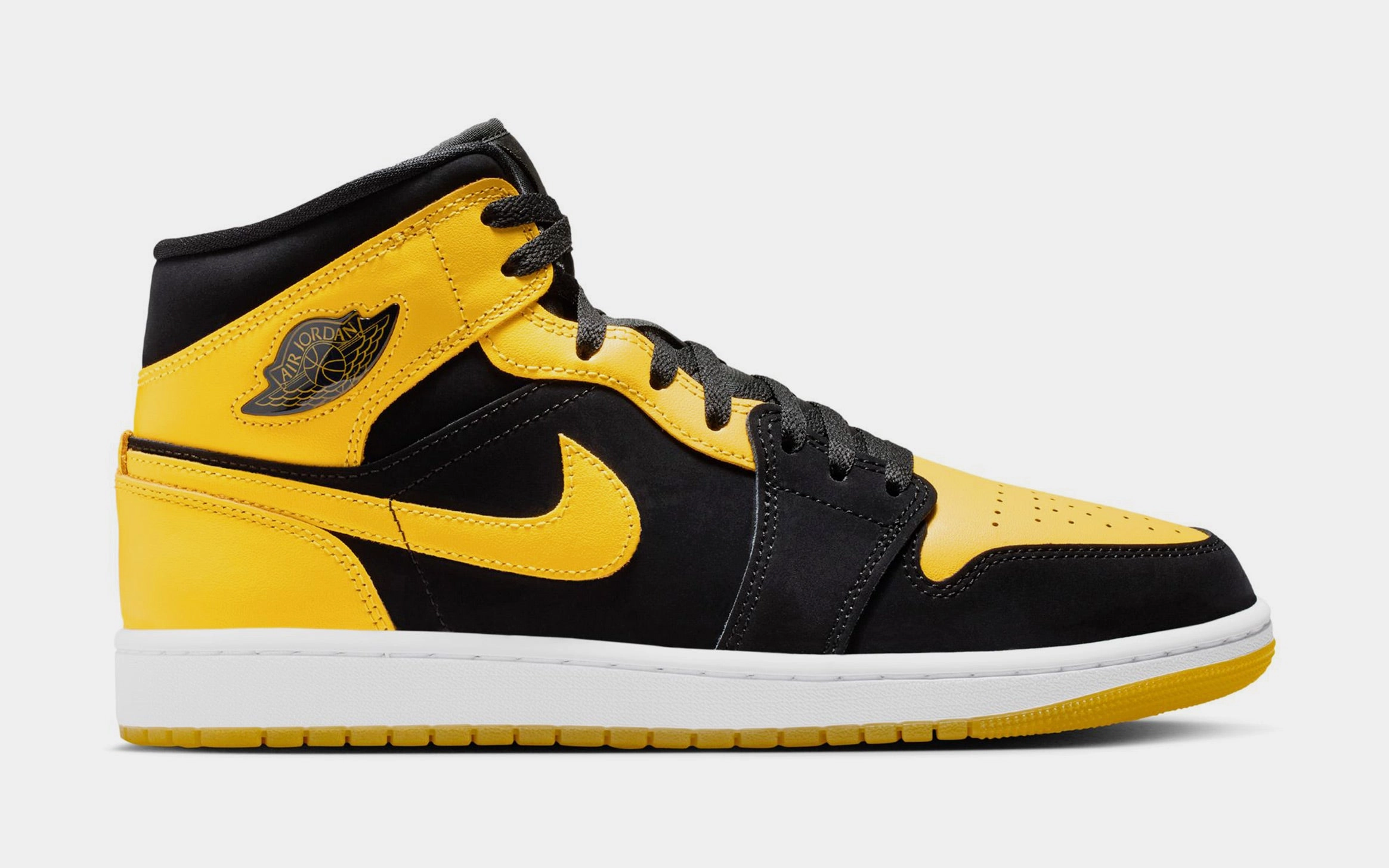 Air Jordan 1 Mid Mens Lifestyle Shoes (Black/Varsity Maize/White) Air Jordan 1 classic shoes for streetwear looks
