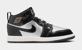 Air Jordan 1 Mid SE Preschool Lifestyle Shoes (Black/Metallic Gold/Metallic Silver) Air Jordan 1 classic shoes for streetwear looks