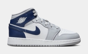 Air Jordan 1 Retro Mid Grade School Lifestyle Shoes (White/Wolf Grey/Midnight Navy) Air Jordan 1 classic shoes for streetwear looks