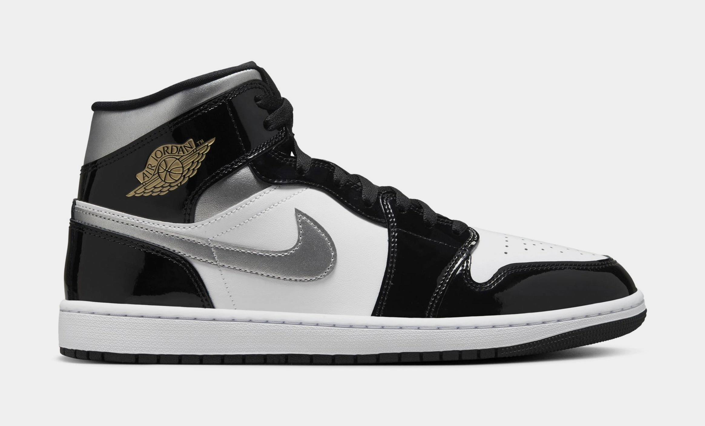 Air Jordan 1 Retro Mid SE Black Patent Mens Lifestyle Shoes (Black Patent/Metallic Gold/Silver) Air Jordan 1 classic shoes for streetwear looks