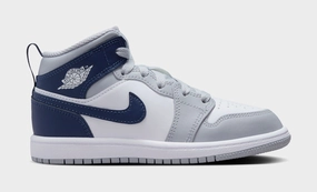 Air Jordan 1 Retro Mid Wolf Grey Midnight Navy Preschool Basketball Shoes (White/Wolf Grey/Midnight Navy) Air Jordan 1 classic shoes for streetwear looks