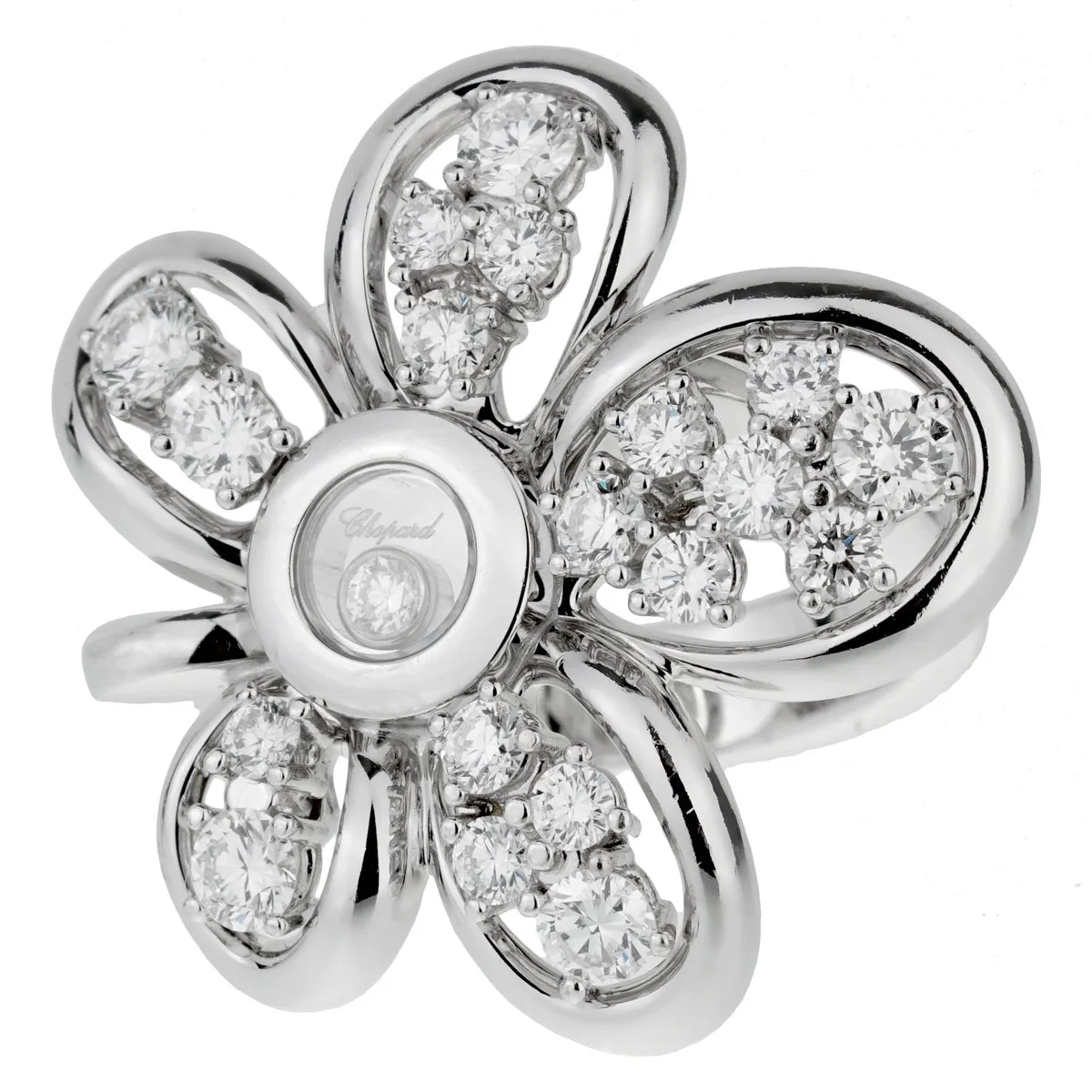 Chopard Flower Happy Diamond 18k White Gold Cocktail Ring Chopard Jewelry