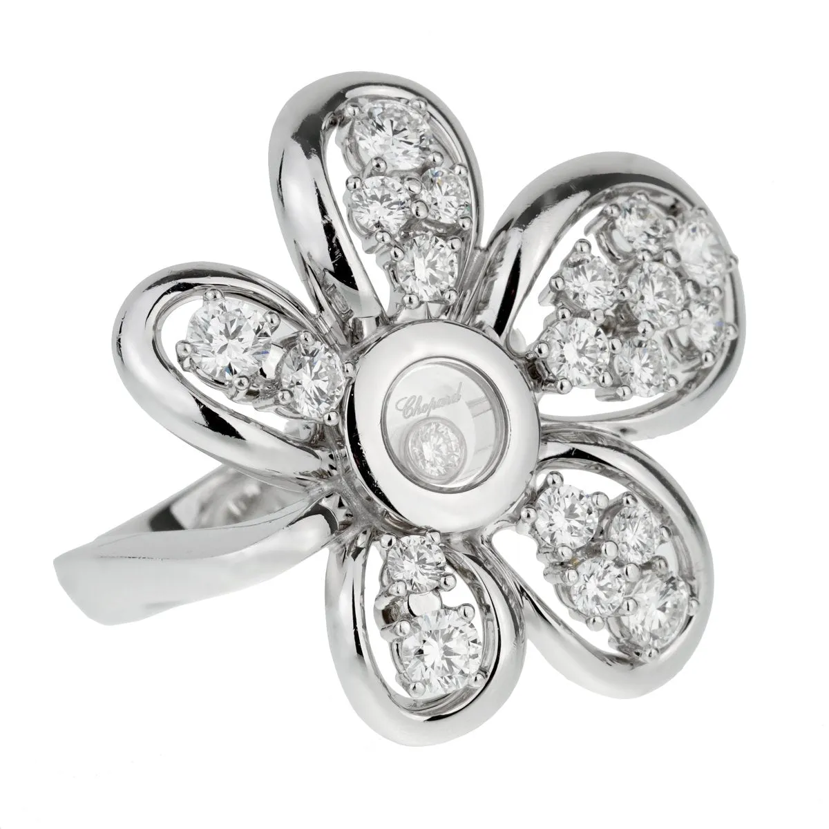 Chopard Flower Happy Diamond 18k White Gold Cocktail Ring Chopard Jewelry