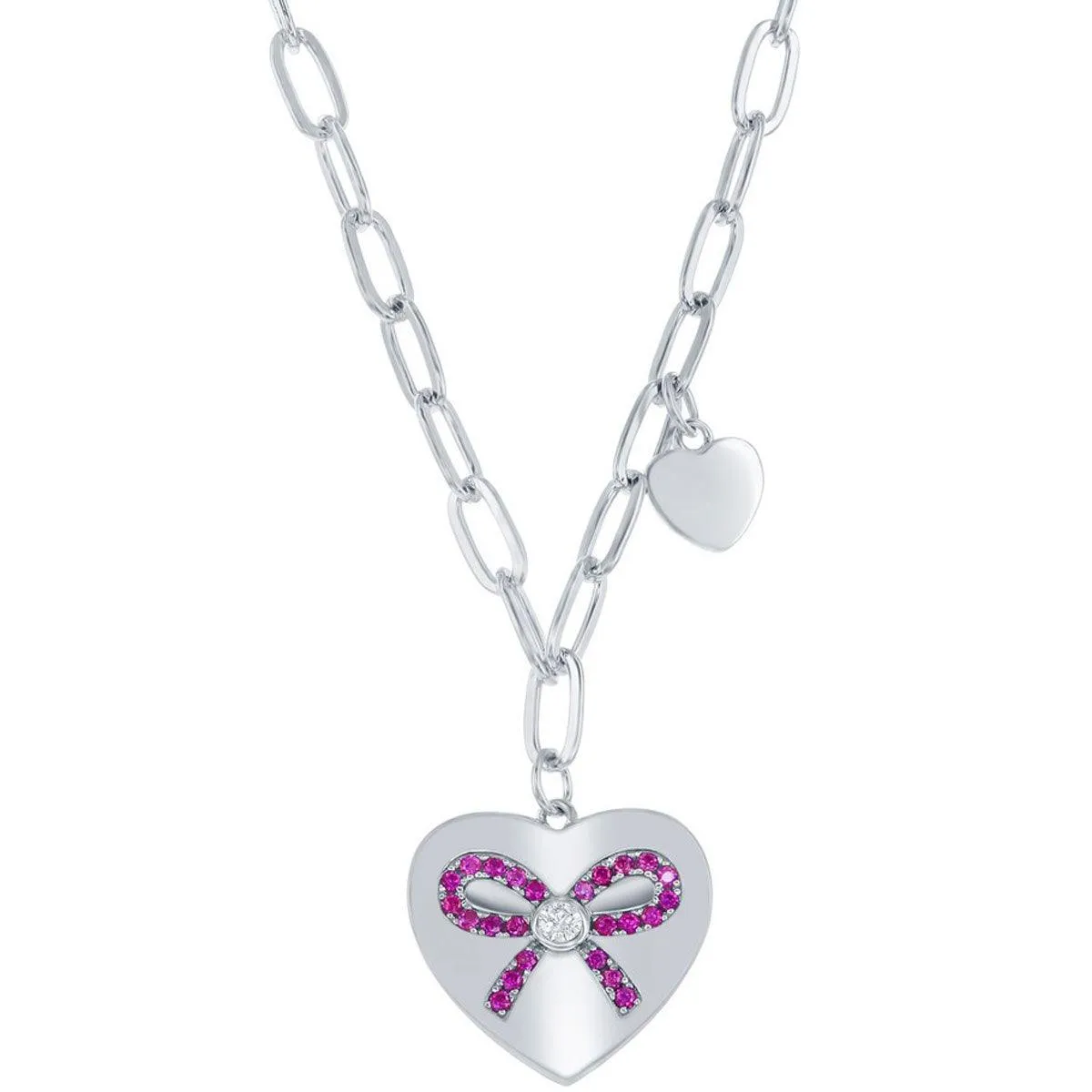 Classic Jewelry Classic Women's Necklace - Sterling Heart with Ruby CZ Ribbon Paperclip | M-6782