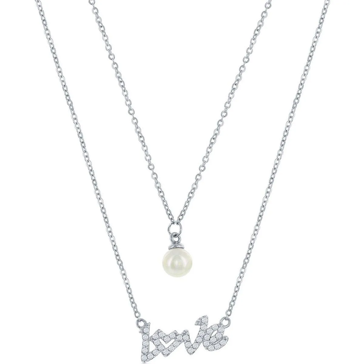 Classic Jewelry Classic Women's Necklace - Sterling Silver CZ LOVE and Round FWP Layered | M-6875