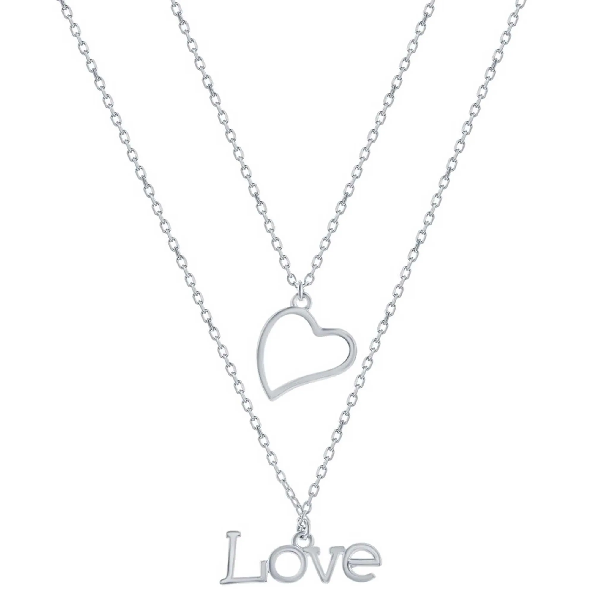 Classic Jewelry Classic Women's Necklace - Sterling Silver Heart and 'Love' Layered | L-4371