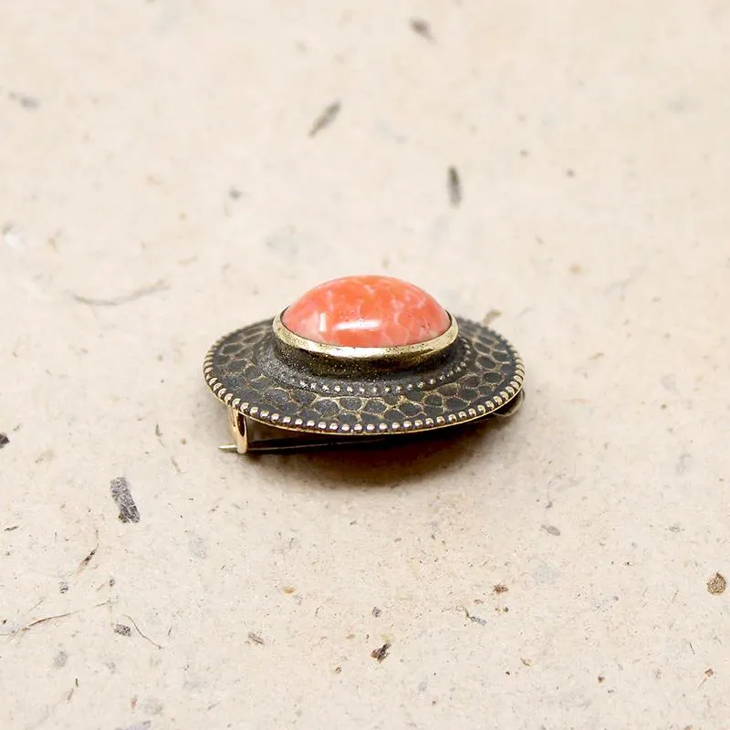 Coral-Colored Pâte de Verre in Brass Brooch