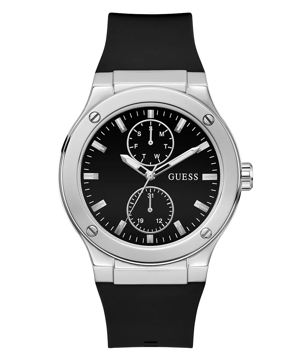 Guess Womens/Mens Silver Watches GUESS Mens Black Silver Tone Multi-function Watch