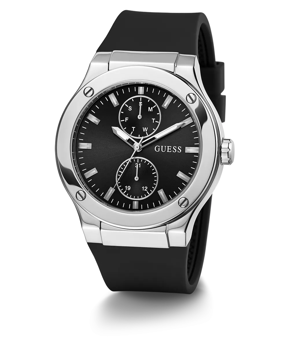Guess Womens/Mens Silver Watches GUESS Mens Black Silver Tone Multi-function Watch