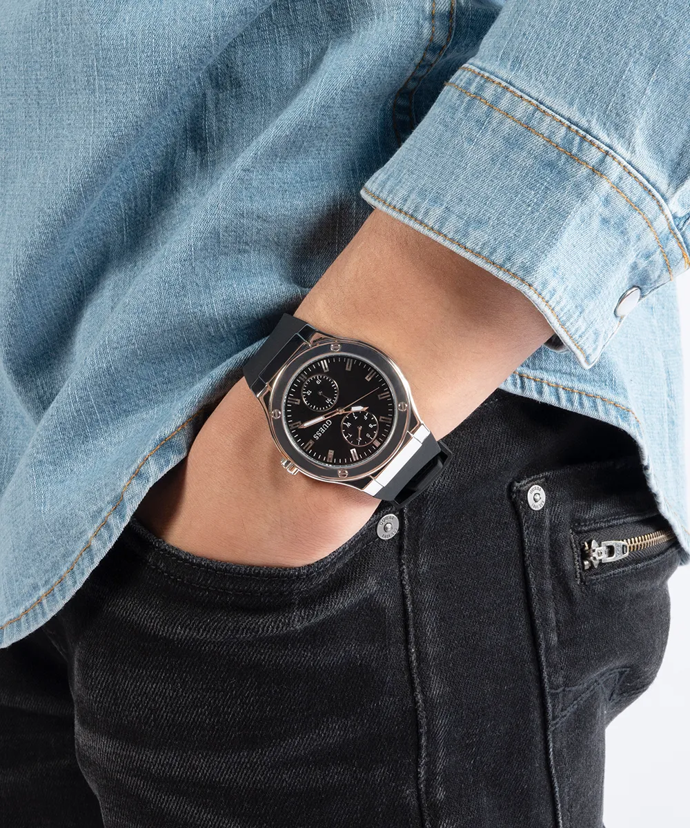 Guess Womens/Mens Silver Watches GUESS Mens Black Silver Tone Multi-function Watch