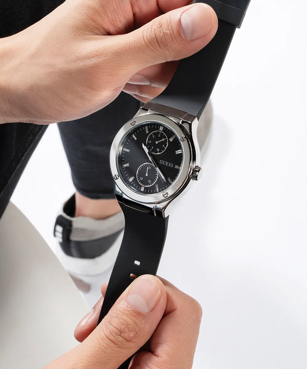 Guess Womens/Mens Silver Watches GUESS Mens Black Silver Tone Multi-function Watch
