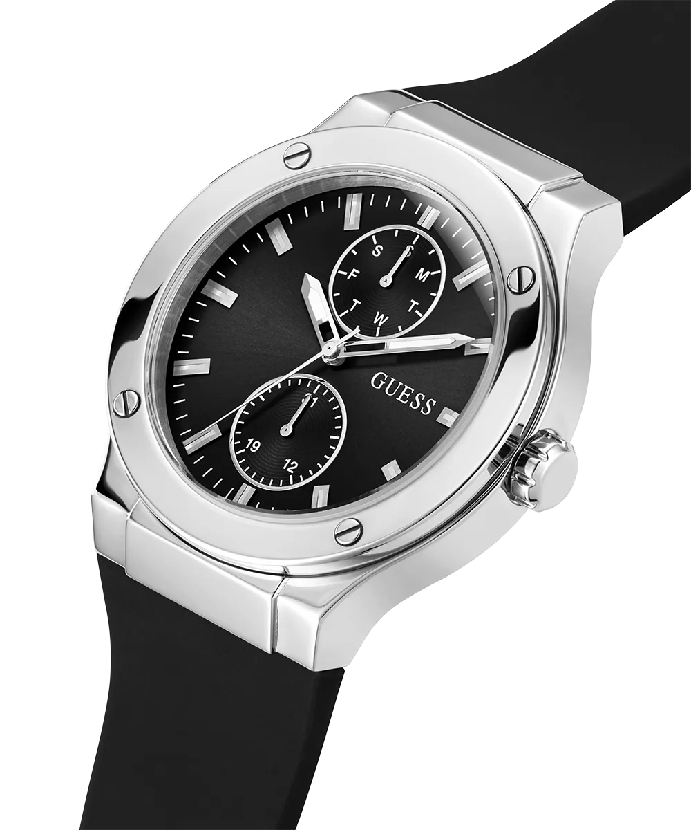 Guess Womens/Mens Silver Watches GUESS Mens Black Silver Tone Multi-function Watch