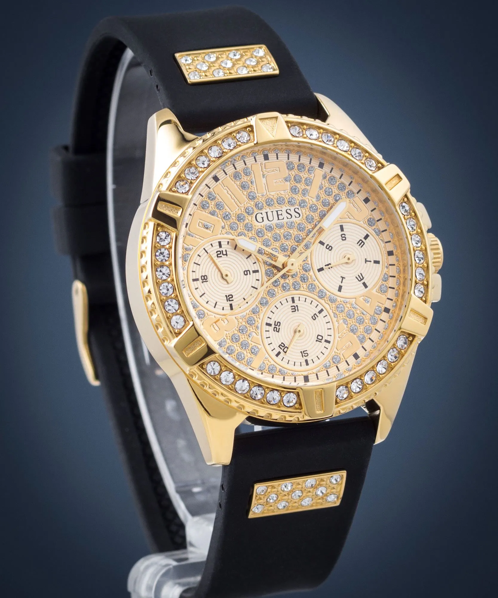 Jewelry Guess Watches GUESS FRONTIER GLITZ GOLD DIAL BLACK STRAP WATCH W1160L1