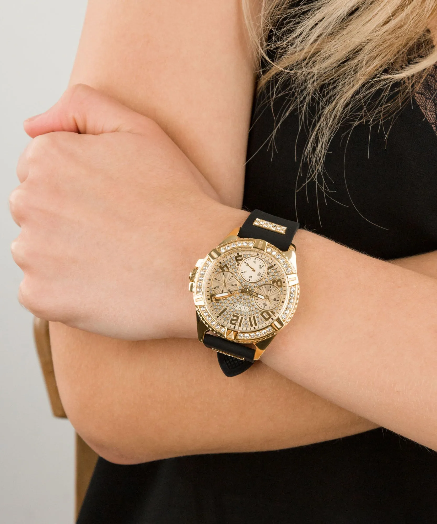 Jewelry Guess Watches GUESS FRONTIER GLITZ GOLD DIAL BLACK STRAP WATCH W1160L1
