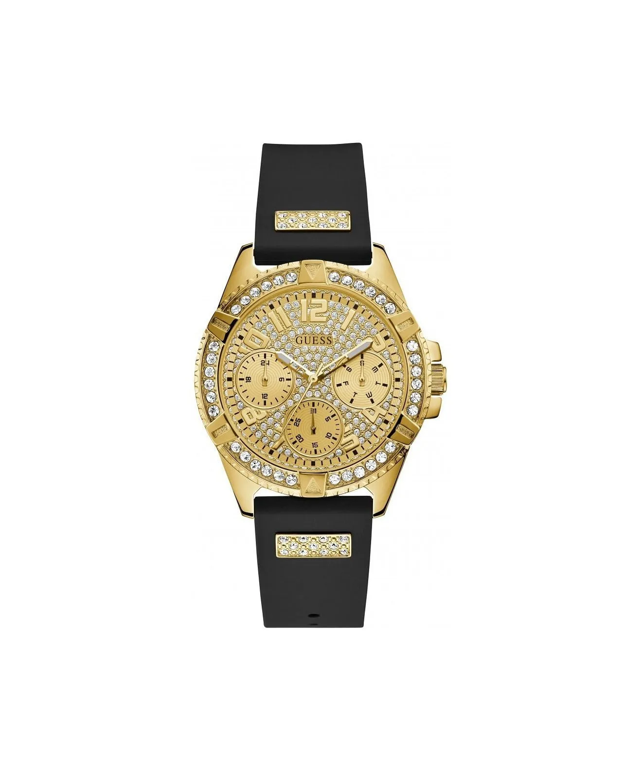Jewelry Guess Watches GUESS FRONTIER GLITZ GOLD DIAL BLACK STRAP WATCH W1160L1