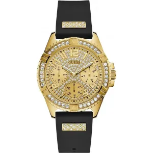 Jewelry Guess Watches GUESS FRONTIER GLITZ GOLD DIAL BLACK STRAP WATCH W1160L1