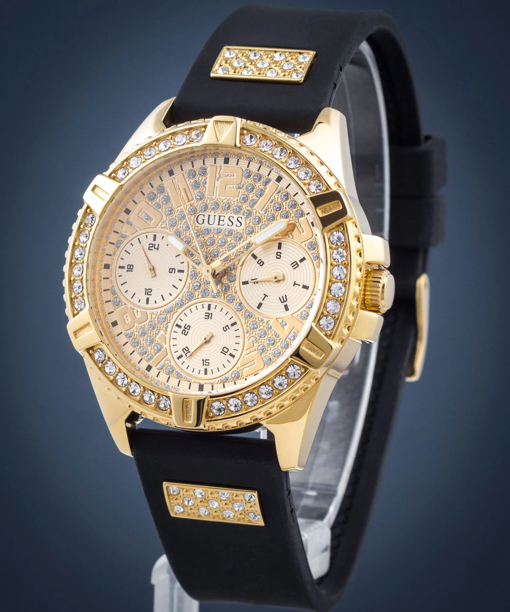Jewelry Guess Watches GUESS FRONTIER GLITZ GOLD DIAL BLACK STRAP WATCH W1160L1