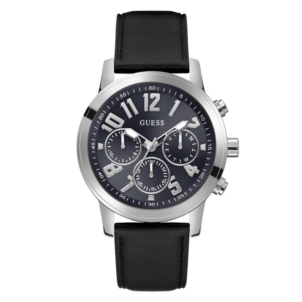 Jewelry Guess Watches Guess Silver Tone Multi-function Black Leather Men's Watch GW0709G1