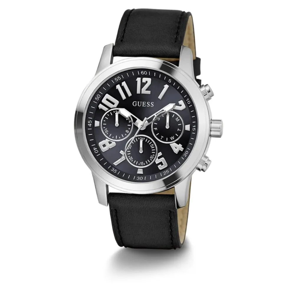 Jewelry Guess Watches Guess Silver Tone Multi-function Black Leather Men's Watch GW0709G1