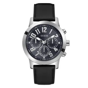 Jewelry Guess Watches Guess Silver Tone Multi-function Black Leather Men's Watch GW0709G1