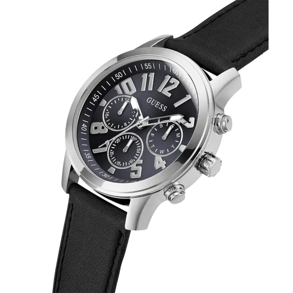 Jewelry Guess Watches Guess Silver Tone Multi-function Black Leather Men's Watch GW0709G1