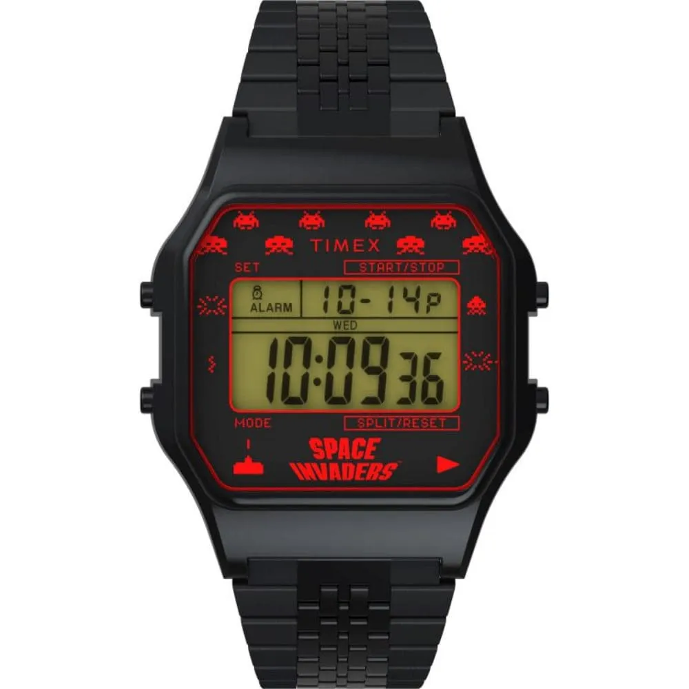 Jewelry Timex Watches Timex Space Invaders Digital Black Stainless Steel Strap Unisex Watch TW2V30200