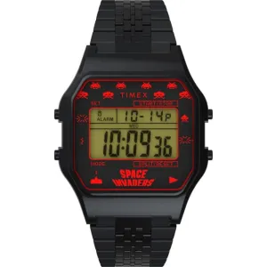 Jewelry Timex Watches Timex Space Invaders Digital Black Stainless Steel Strap Unisex Watch TW2V30200