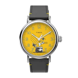 Jewelry Timex Watches Timex Standard X Peanuts Yellow Dial Black Leather Strap Men Watch TW2V60400