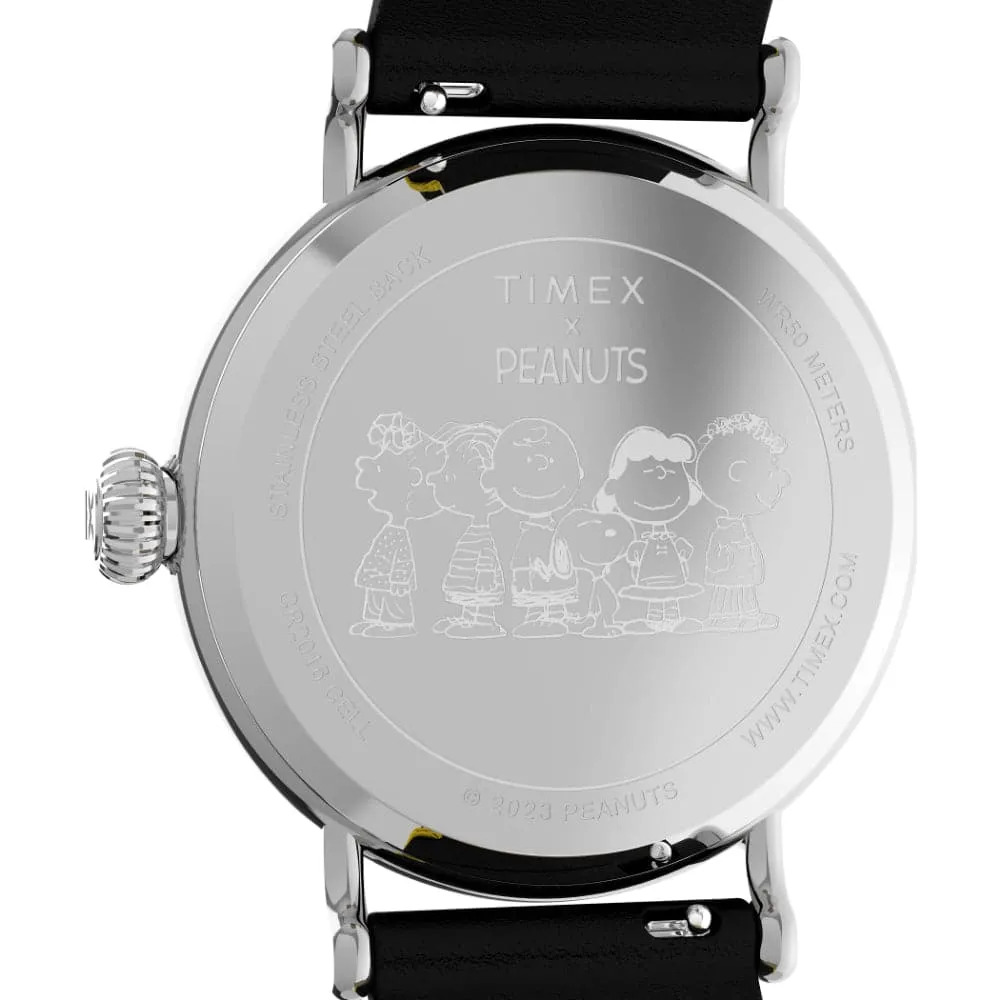 Jewelry Timex Watches Timex Standard X Peanuts Yellow Dial Black Leather Strap Men Watch TW2V60400