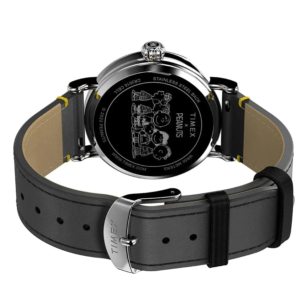 Jewelry Timex Watches Timex Standard X Peanuts Yellow Dial Black Leather Strap Men Watch TW2V60400