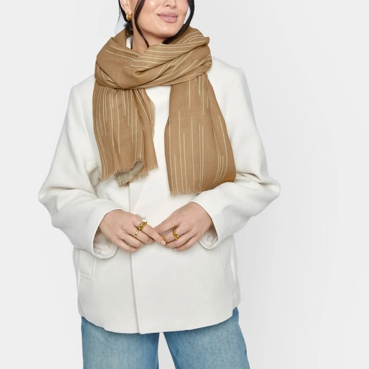 Katie Loxton Camel / Off White Dash Line Printed Scarf KLS598 Katie Loxton Jewelry And Accessories