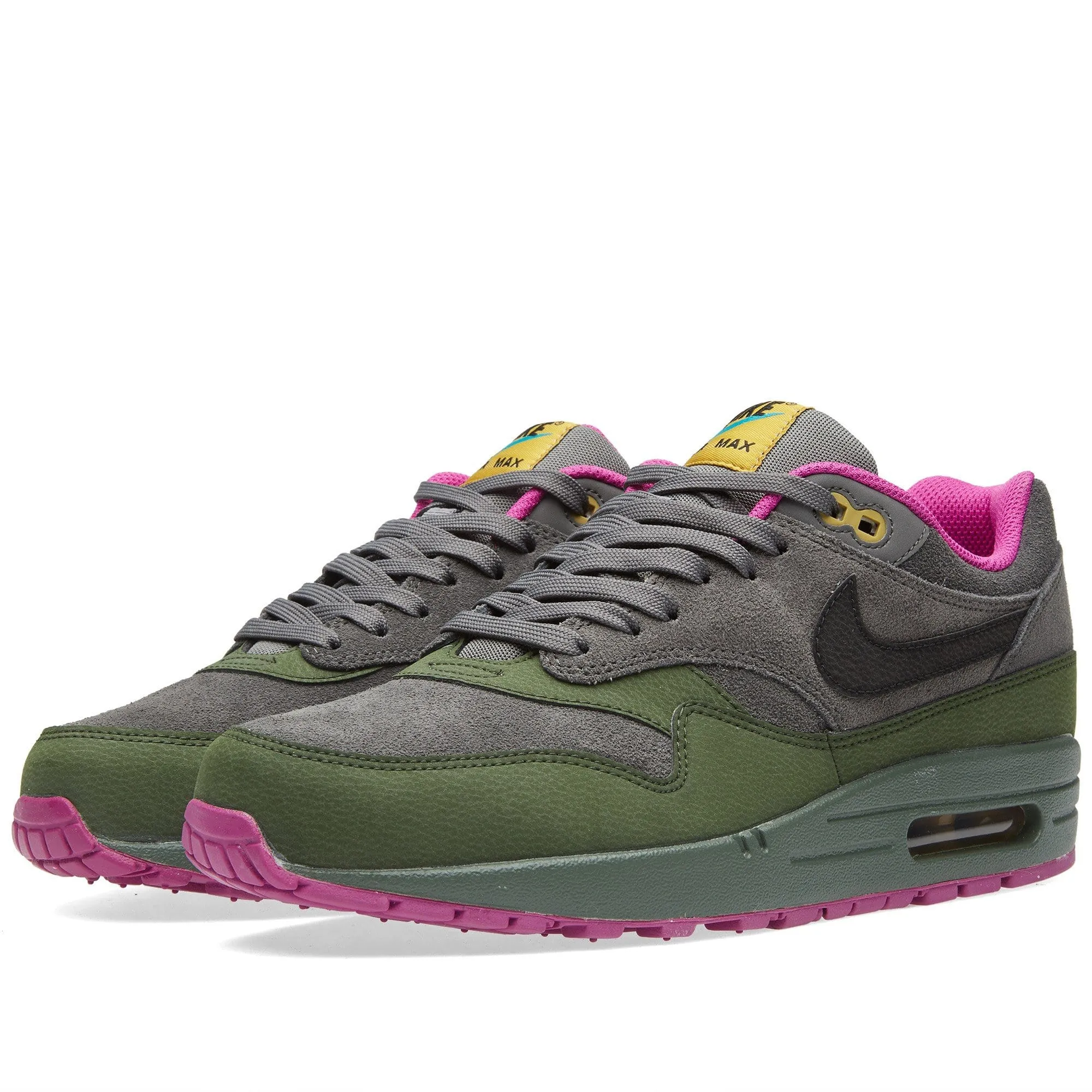 NIKE AIR MAX 1 LEATHER Dark Pewter & Carbon Green Nike Air Max cushioned sneakers