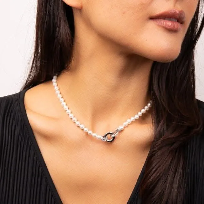 Sterling Silver White Shell Pearl and Clear Cubic Zirconia Necklace N4593 Diamonfire Jewellery