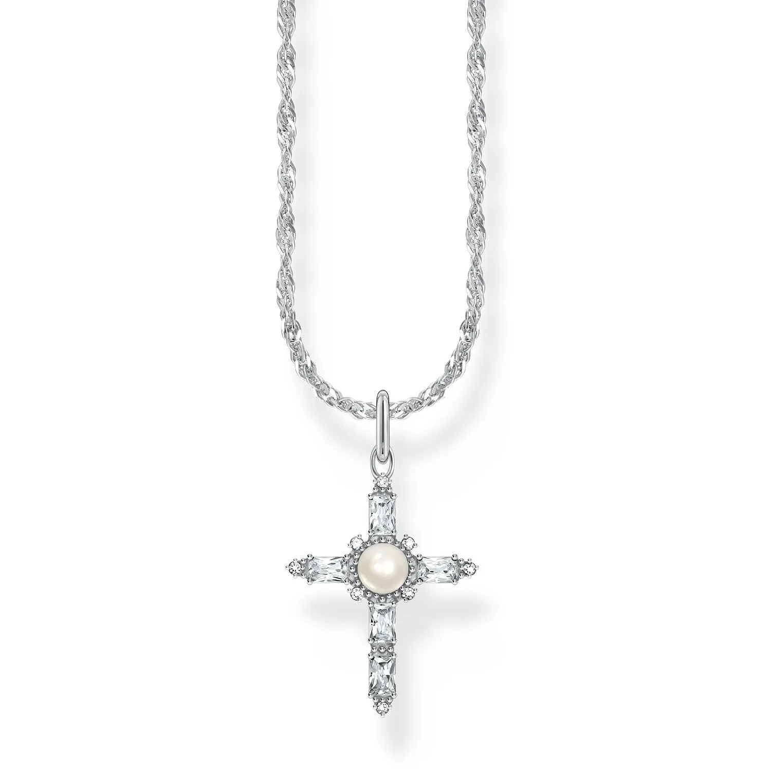 Thomas Sabo Sterling Silver True Romance Cubic Zirconia Pearl Cross Pendant On 40 45cm Chain Sterling Silver	Jewelry