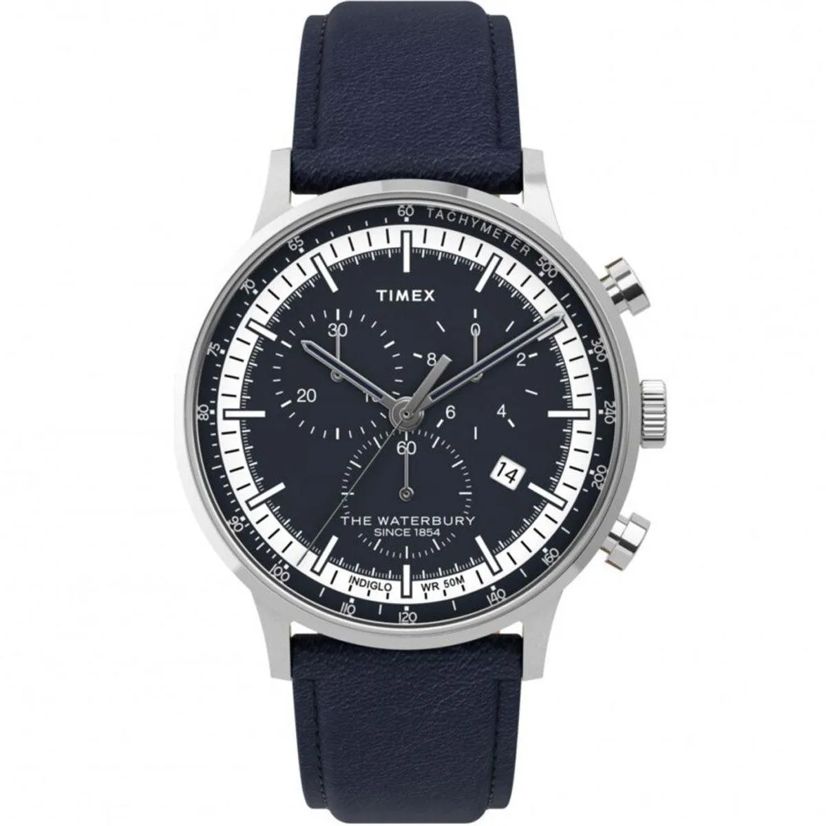 Timex Men's Chronograph Watch - Waterbury Blue Dial Leather Strap | TW2U04700VQ Timex Watches