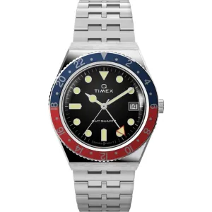 Timex Men's Watch - Q Timex GMT Black Dial Silver Tone Bracelet Quartz | TW2V38000VQ Timex Watches